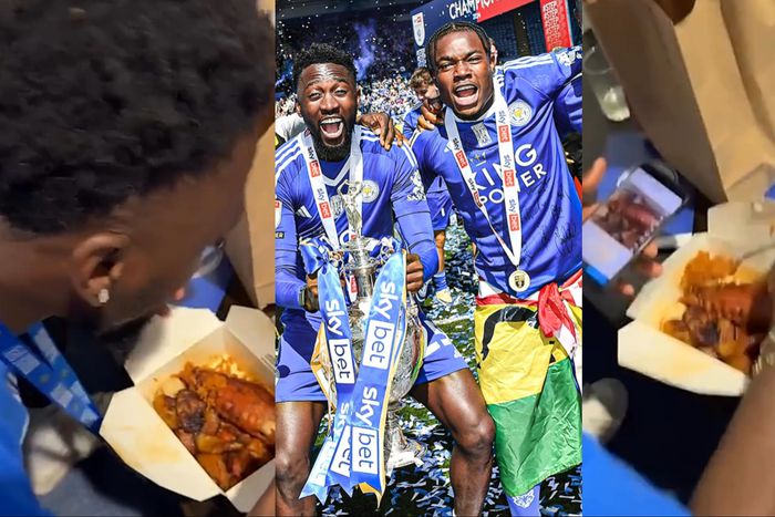 Super Eagles of Nigeria star Wilfred Ndidi uses hunger as an excuse to eat Ghanaian jollof rice after being exposed by Abdul Fatawu.