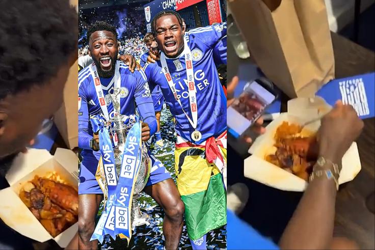 Super Eagles of Nigeria star Wilfred Ndidi uses hunger as an excuse to eat Ghanaian jollof rice after being exposed by Abdul Fatawu.
