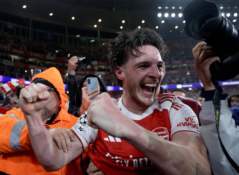 Arsenal star Declan Rice celebrating || Imago