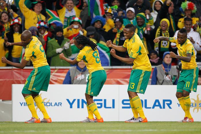 South Africa celebrate Tshabalala's opener against Mexcio at the 2010 FIFA World Cup. (Photo Credit: Imago)