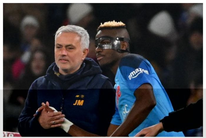 Osimhen and Mourinho during Napoli's clash against AS Roma