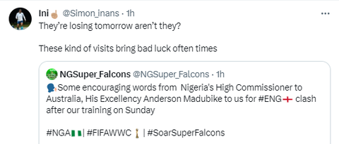 Some Nigerian football fans questioned the visit of the High Commissioner to Australia to the Super Falcons camp.