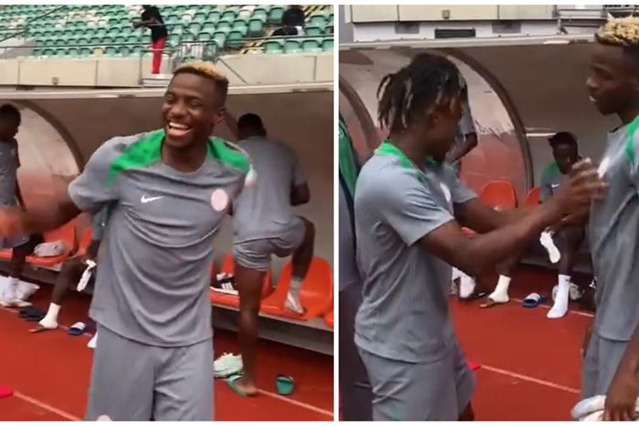 Samu Chukwueze and Victor Osimhen catch up in Super Eagles training.