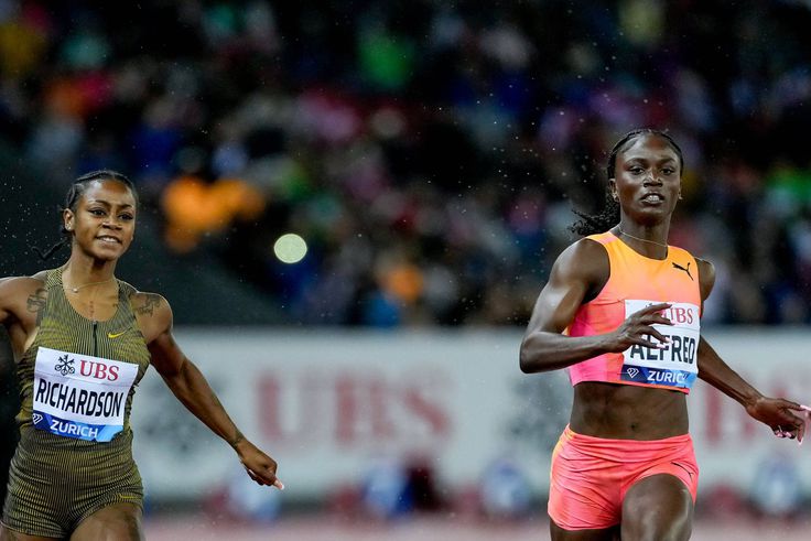 Julien Alfred reacts after loss to Sha'Carri Richardson at Zurich Diamond League