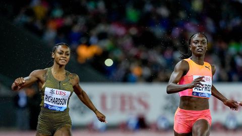 Julien Alfred reacts after loss to Sha'Carri Richardson at Zurich Diamond League