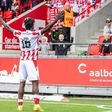 Kenyan midfielder Richard Odada celebrates a goal for his Danish club Aalborg.