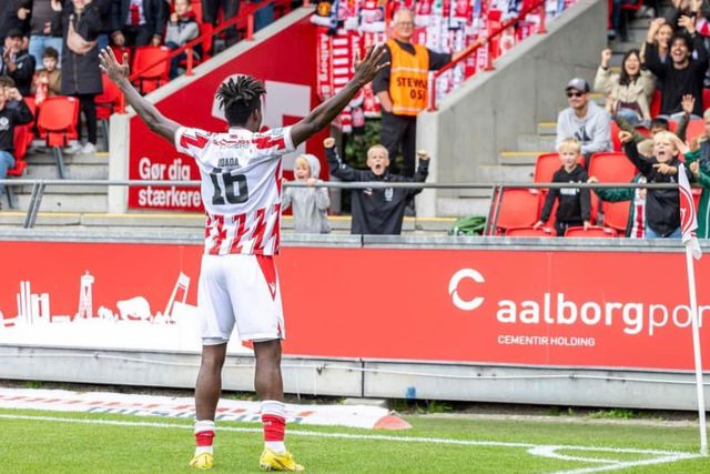 Kenyan midfielder Richard Odada celebrates a goal for his Danish club Aalborg.