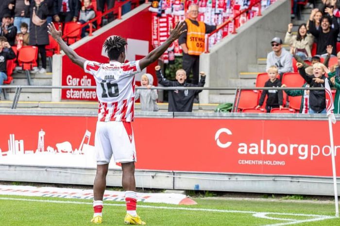 Kenyan midfielder Richard Odada celebrates a goal for his Danish club Aalborg.