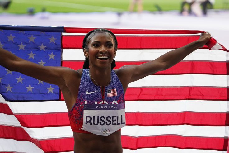 American sprint icon Justin Gatlin predicts Olympic champion Masai Russell after exciting match-up with Devynne Charlton at the New Balance Grand Prix.