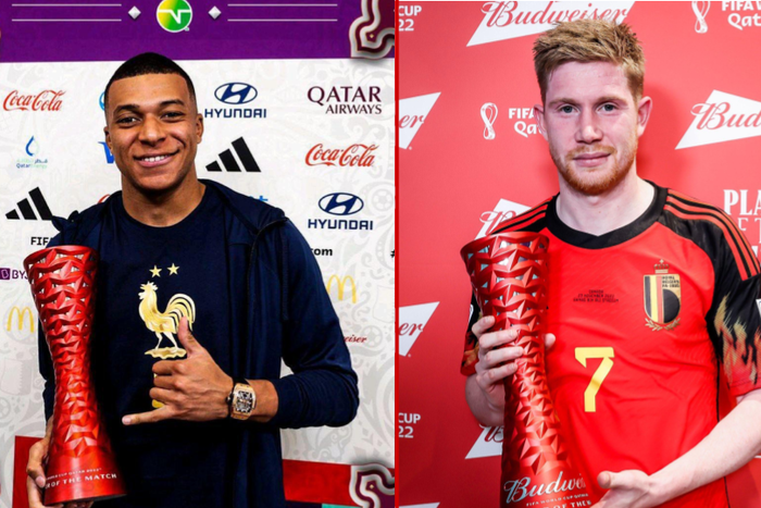 Kylian Mbappe refuses to pose with the Budweiser banner after winning the Man of the match award.