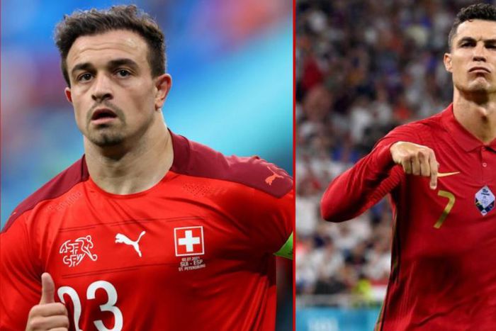 Xherdan Shaqiri(left) and Cristiano Ronaldo(right) face off in the World Cup round of 16
