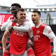 Granit Xhaka and Bukayo Saka celebrate Arsenal goal at Emirates.