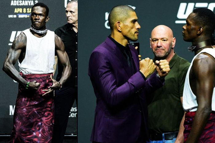 Israel Adesanya shows off a stylish dog chain for a face-off against Alex Pereira.