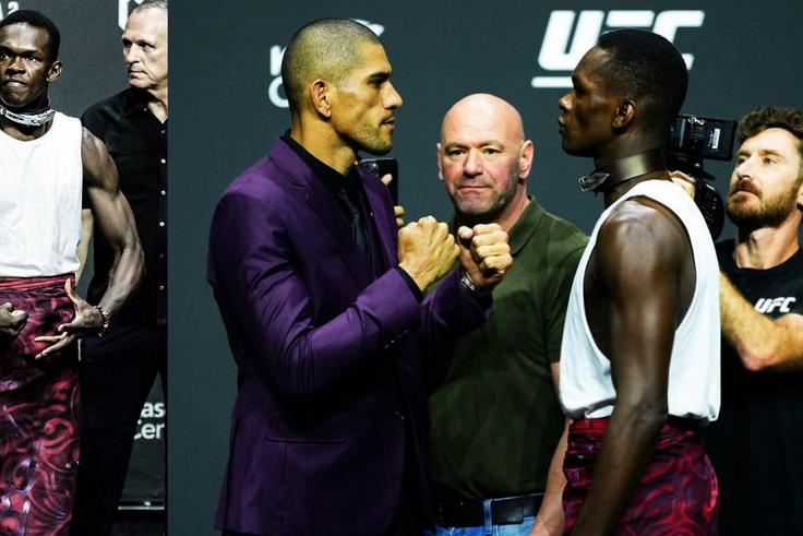 Israel Adesanya shows off a stylish dog chain for a face-off against Alex Pereira.