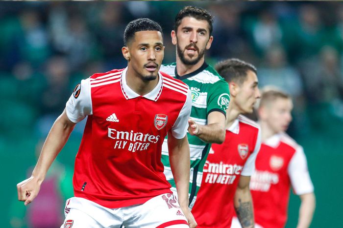 Arsenal's William Saliba in action against Sporting Lisbon.