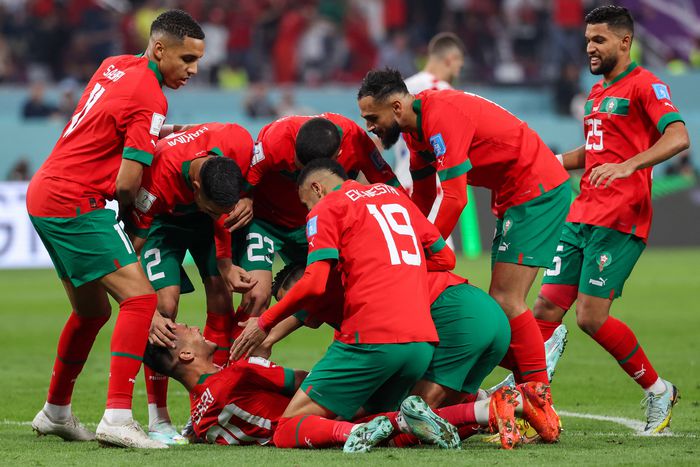 chraf Dari of Morocco celebrate after scoring during the FIFA World Cup Qatar 2022 3rd Place match between Croatia and Morocco