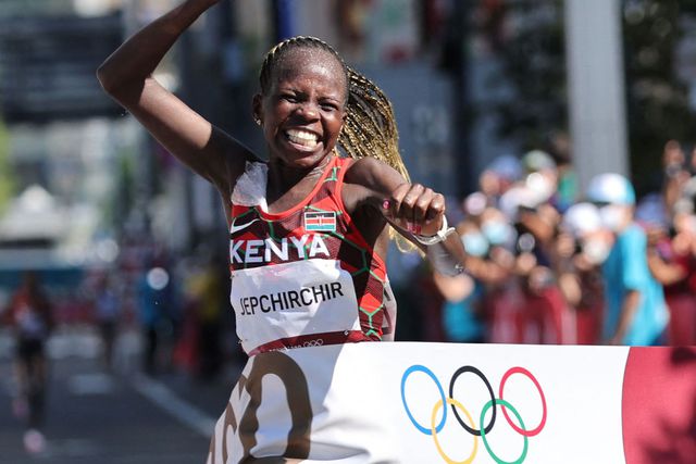 Peres Jepchirchir cuts the tape at the 2020 Tokyo Olympics.