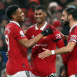 Anthony Martial of Manchester United (l) celebrates scoring their second goal with Marcus Rashford (c) and Bruno Fernandes of Manchester United (r) during the Premier League match at Old Trafford || Image credit: Imago
