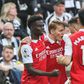 Bukayo Saka, Martin Odegaard and Gabriel Martinelli celebrate Arsenal goal vs Newcastle United.