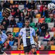 Victor Osimhen towers home a header against Super Eagles goalkeeper Maduka Okoye in the Serie A.