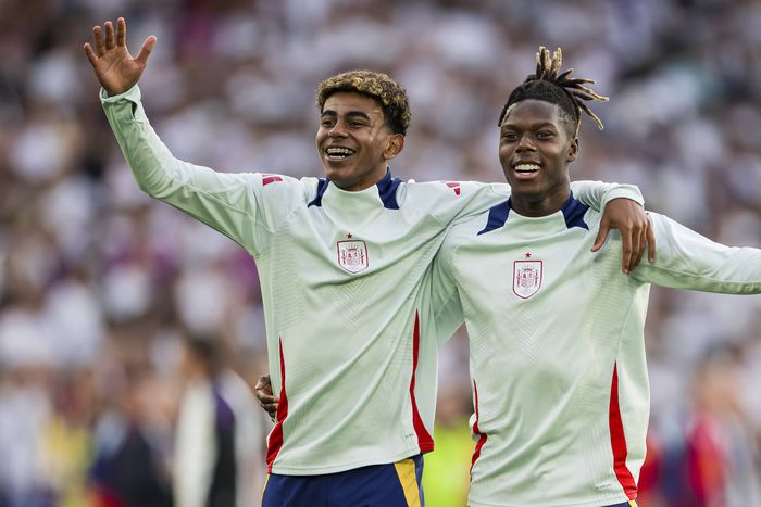 Lamine Yamal of Spain and Nico Williams of Spain celebrate the victory at the end of the UEFA EURO 2024 quarter-final football match between Spain and Germany. || Image credit: Imago