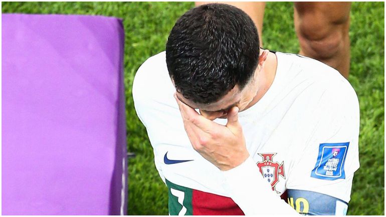 Cristiano Ronaldo of Portugal exits the World Cup in tears as he leaves the field in tears at the end of the game Morocco
