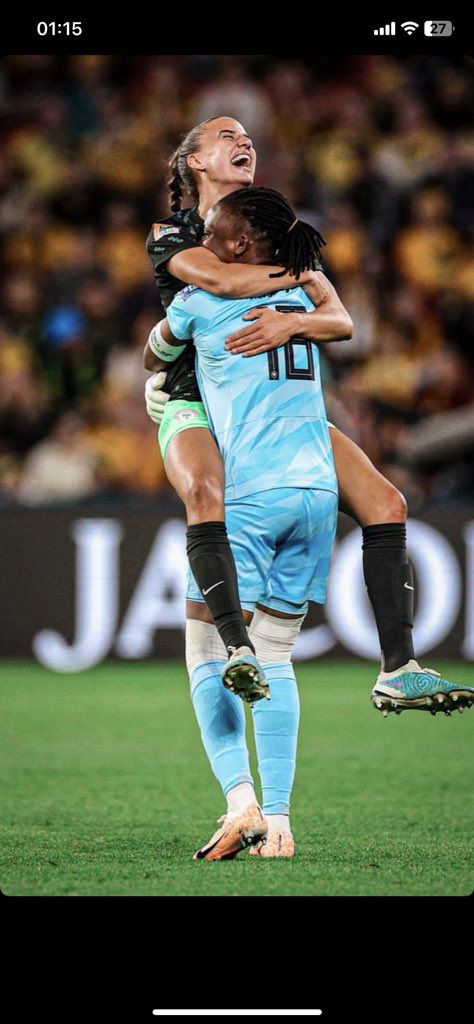 Ashleigh Plumptre and Chiamaka Nnadozie celebrate after Super Falcons World Cup victory against Australia