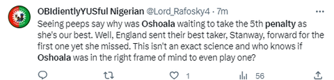 A lot of Nigerian football fans on social media were of the opinion that Head Coach Randy Waldrum already designated Oshoala to take the final spot-kick against England