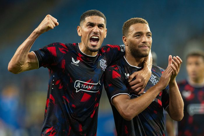 Leon Balogun and Cyriel Dessers celebrate together. (Photo: Rangers/X)
