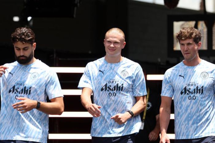 Manchester City defender Josko Gvardiol (24), forward Erling Haaland (9), and defender John Stones (5) || Image credit: Imago