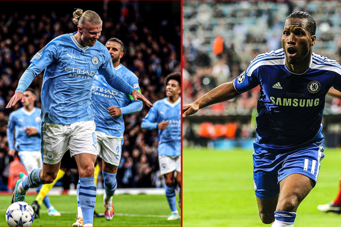 Erling Haaland reenacts Didier Drogba's legendary celebration || Image credit: BR Football/Football Tweet