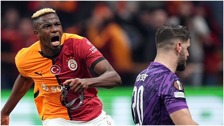 Victor Osimhen celebrates his second goal for Galatasaray against Tottenham.