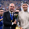 Manchester City Head Coach Pep Guardiola (L) and chairman Khaldoon Al Mubarak (R) poses for photos || Image credit: Imago