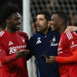 Ola Aina of Nottingham Forest, Rui Pedro Silva, Nottingham Forest assistant manager, and Callum Hudson-Odoi of Nottingham Forest celebrate victory || Image credit: Imago