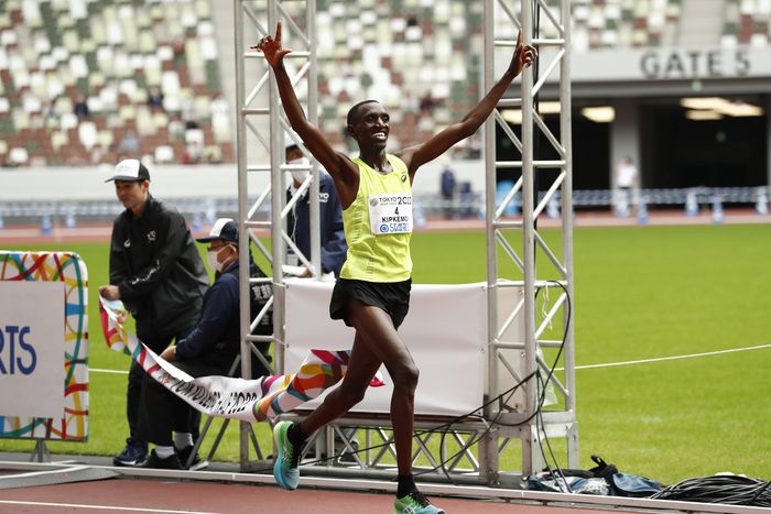 Kenya's runner Vincent Kipkemoi crosses the finish line to wins the Men s race of the Tokyo Legacy Half Marathon 2022