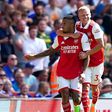 Oleksandr Zinchenko and Gabriel Jesus of Arsenal celebrating a goal.