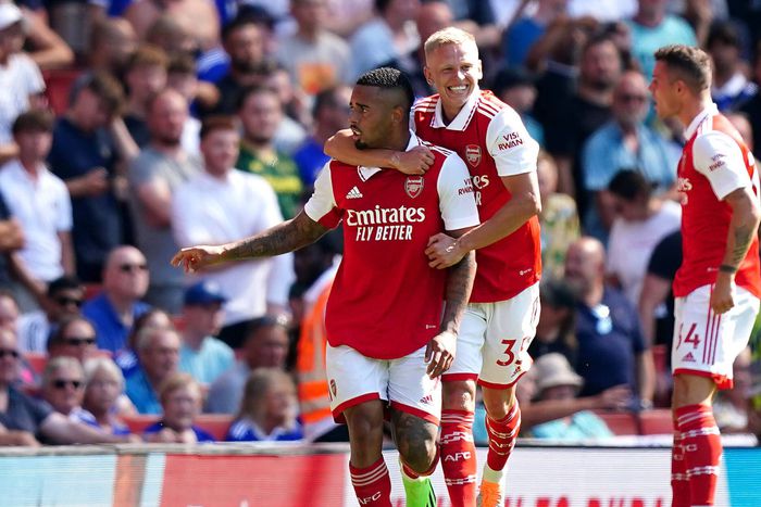 Oleksandr Zinchenko and Gabriel Jesus of Arsenal celebrating a goal.
