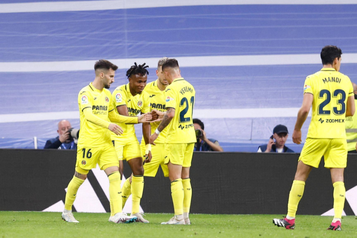 Chukwueze and his teammate celebrate his goal against Real Madrid