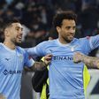 Mattia Zaccagni  scores for Lazio as he celebrates with his teammates