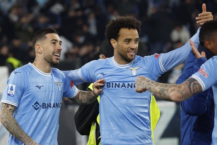 Mattia Zaccagni  scores for Lazio as he celebrates with his teammates