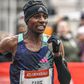Sabastian Sawe reacts after shattering course record at Prague Half Marathon