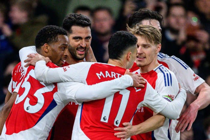 : Mikel Merino, Gabriel Martinelli, Martin Odegaard, Jurrien Timber during the Premier League match between Arsenal FC and Fulham FC at Emirates Stadium on April 1, 2025 in London, England. Photo by Sebastian Frej