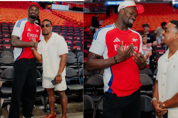 Nigerian NBA Star Adem Bona Okoro Teams Up with Fitness Influencer Ashton Hall at Miami Heat win against Philadelphia 76ers.