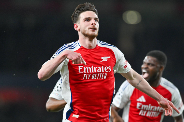 Declan Rice celebrating his second goal in the Champions League clash against Real Madrid || Image credit: Imago