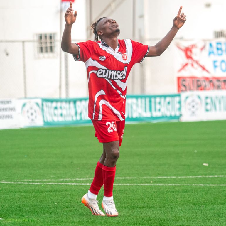 Emeka Obioma celebrates his second goal in as many games and his fourth in his last five outings. 