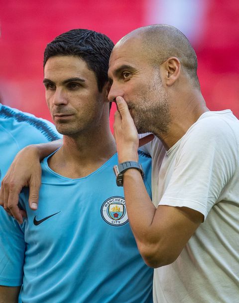 Mikel Arteta and his master, Pep Guardiola, at Man City.