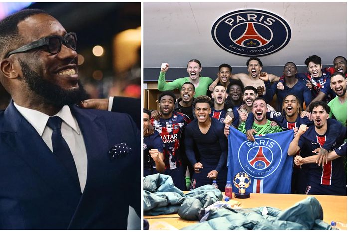 Jay Jay Okocha celebrates PSG's lit night against Arsenal.