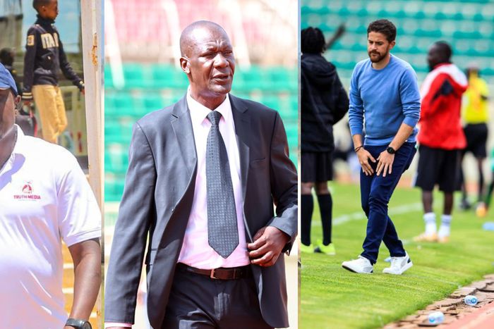 Kakamega Homeboyz coach Patrick Odhiambo, Tusker's Robert Matano and Jonathan McKinstry of Gor Mahia.