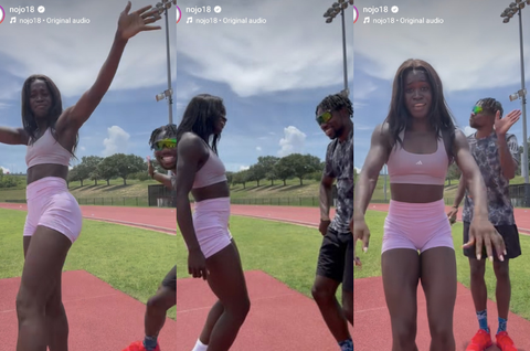 Junelle Bromfield shows rap skills while her boyfriend Noah Lyles gives backup performance during training