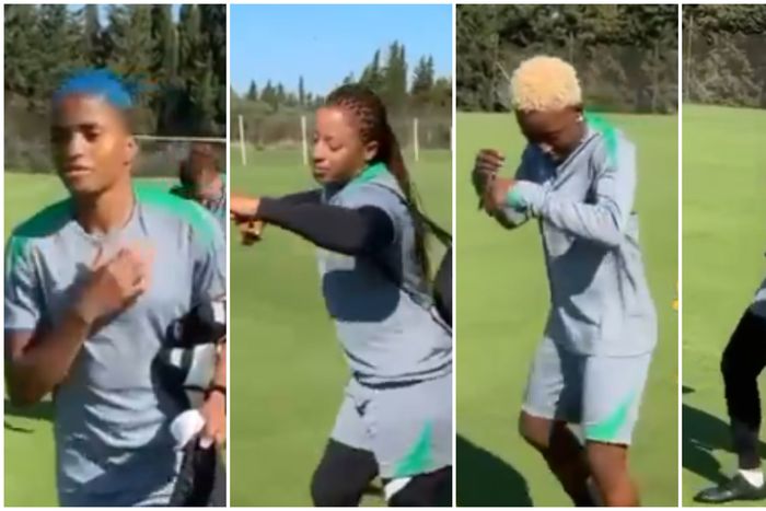 Super Falcons players dance into training in Seville.